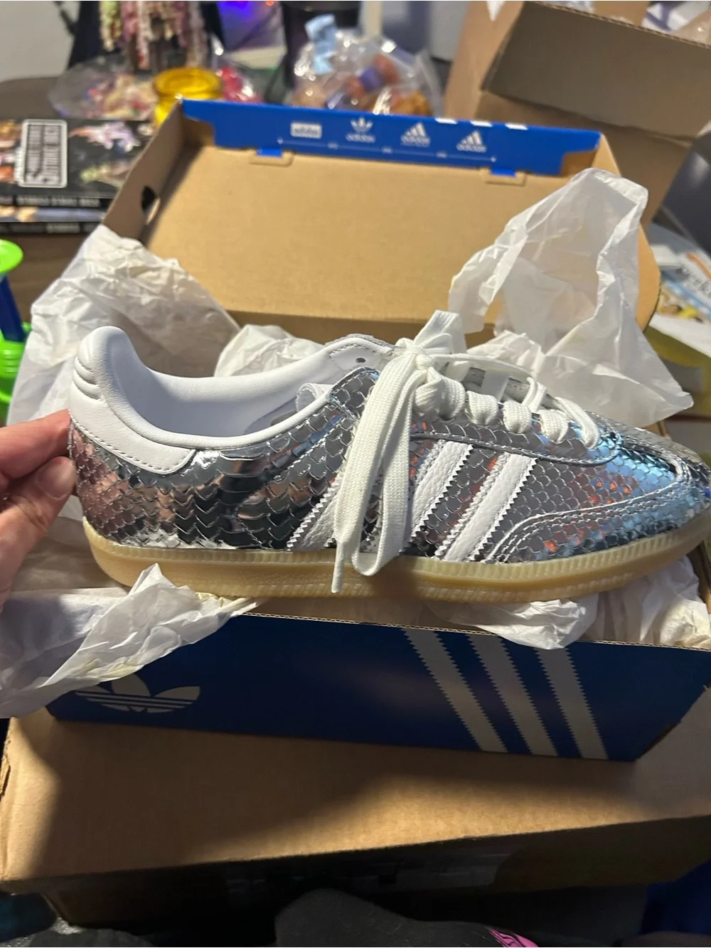 adidas Women’s Metallic Silver White-Striped Sneakers - Picture 1 of 5